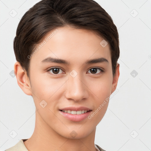 Joyful white young-adult female with short  brown hair and brown eyes