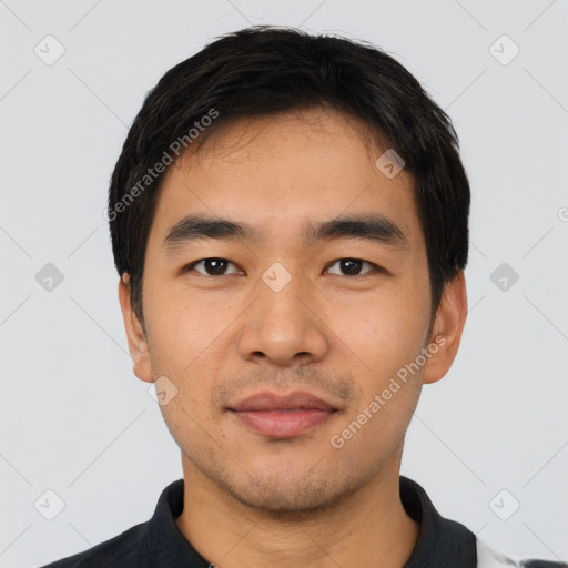 Neutral asian young-adult male with short  black hair and brown eyes