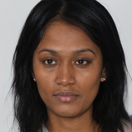 Neutral asian young-adult female with long  black hair and brown eyes