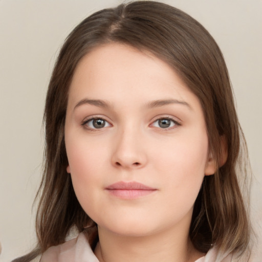 Neutral white young-adult female with medium  brown hair and brown eyes