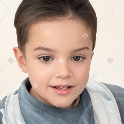 Joyful white child female with short  brown hair and brown eyes