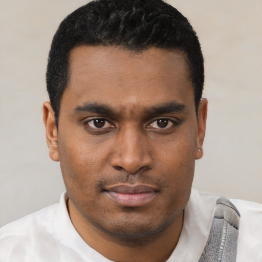 Neutral latino young-adult male with short  black hair and brown eyes