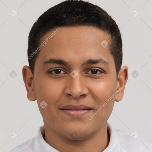 Joyful latino young-adult male with short  brown hair and brown eyes