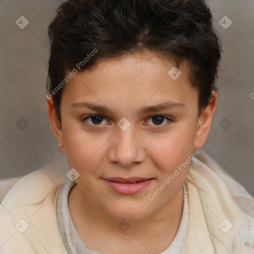 Joyful white child female with short  brown hair and brown eyes