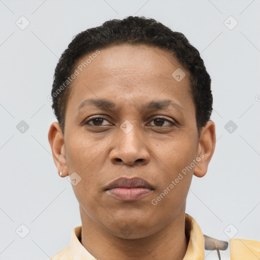 Joyful black adult female with short  brown hair and brown eyes