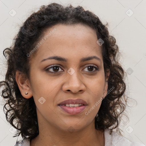 Joyful black young-adult female with medium  brown hair and brown eyes