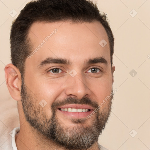 Joyful white young-adult male with short  brown hair and brown eyes