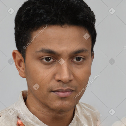 Neutral latino young-adult male with short  brown hair and brown eyes