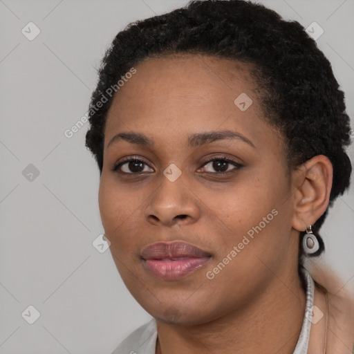 Neutral black young-adult female with short  black hair and brown eyes