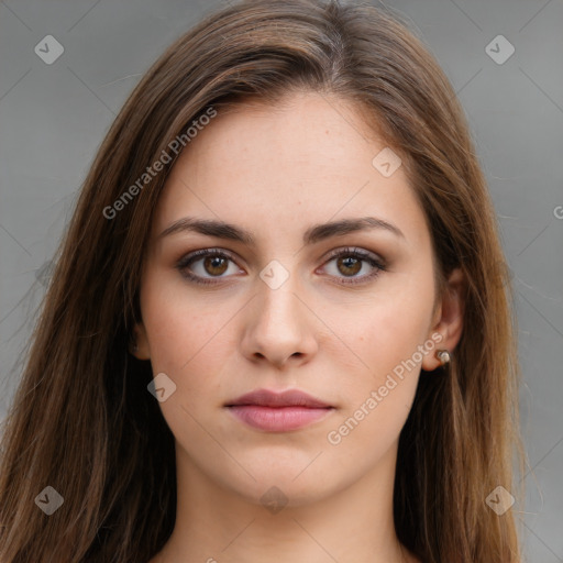 Neutral white young-adult female with long  brown hair and brown eyes