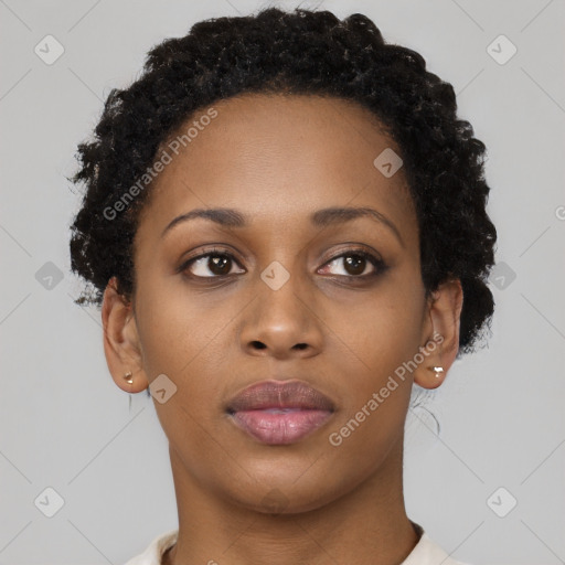 Neutral black young-adult female with short  brown hair and brown eyes