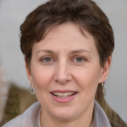 Joyful white adult female with short  brown hair and grey eyes