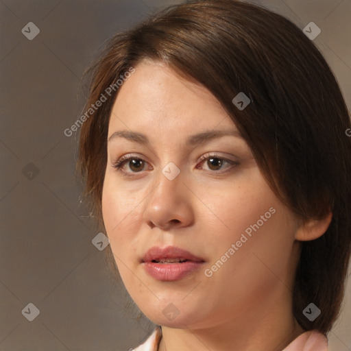 Neutral white young-adult female with medium  brown hair and brown eyes