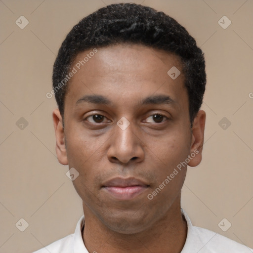 Neutral latino young-adult male with short  black hair and brown eyes