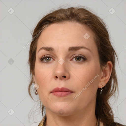 Neutral white young-adult female with medium  brown hair and grey eyes