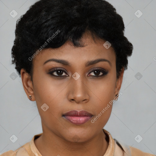 Neutral latino young-adult female with short  black hair and brown eyes