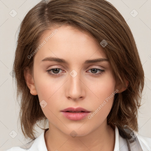 Neutral white young-adult female with medium  brown hair and brown eyes