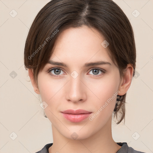 Neutral white young-adult female with medium  brown hair and brown eyes