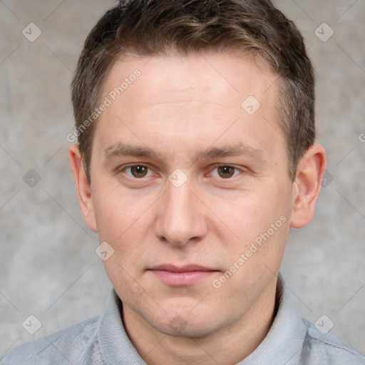 Neutral white young-adult male with short  brown hair and grey eyes