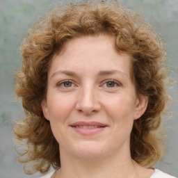 Joyful white young-adult female with medium  brown hair and blue eyes