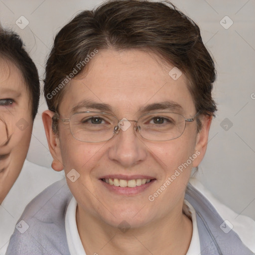 Joyful white adult female with short  brown hair and brown eyes