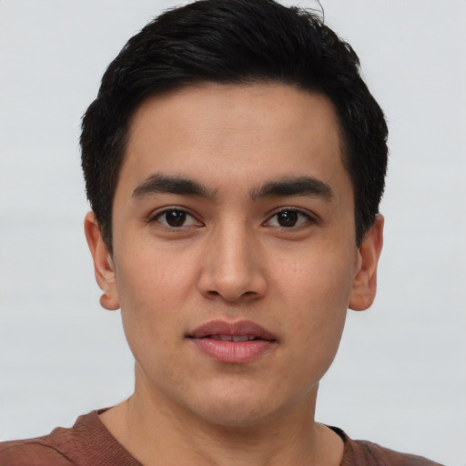 Joyful white young-adult male with short  black hair and brown eyes