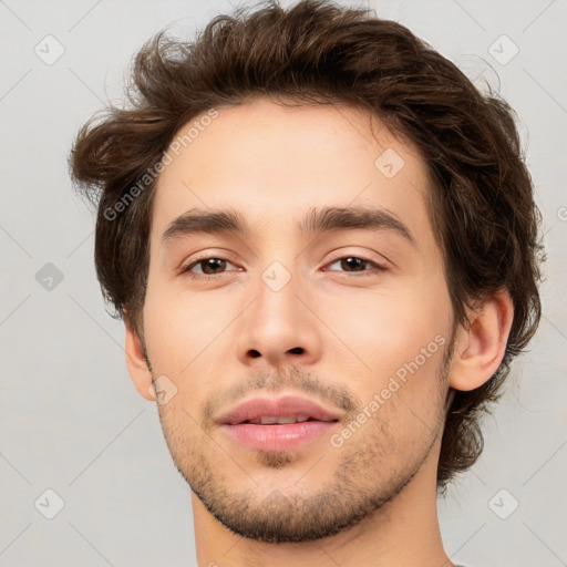 Neutral white young-adult male with short  brown hair and brown eyes