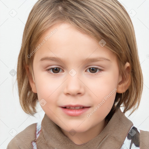 Joyful white child female with medium  brown hair and brown eyes