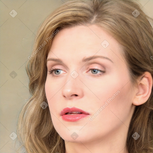 Neutral white young-adult female with long  brown hair and green eyes