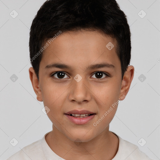 Joyful white child male with short  brown hair and brown eyes