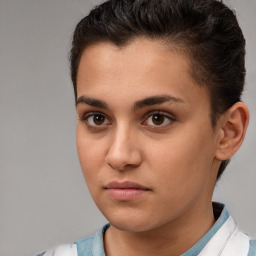 Neutral white young-adult female with short  brown hair and brown eyes