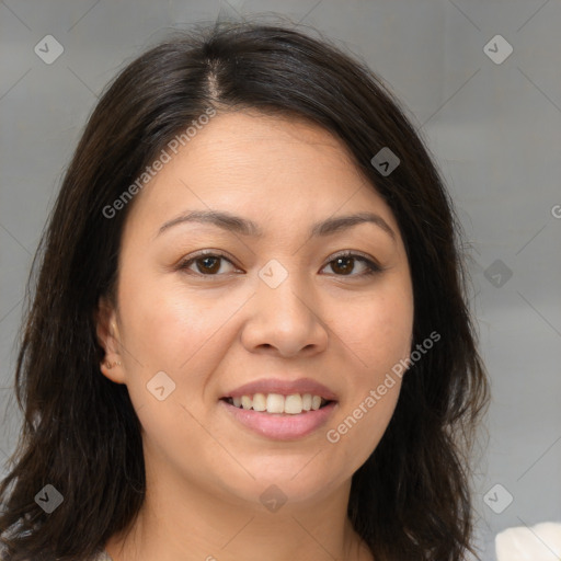 Joyful white young-adult female with medium  brown hair and brown eyes