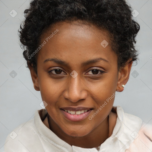 Joyful black young-adult female with short  brown hair and brown eyes