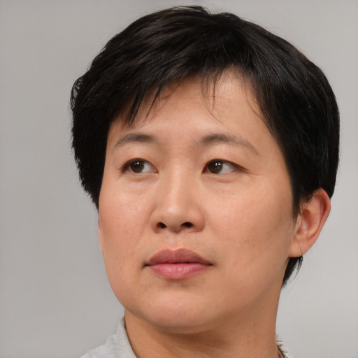 Neutral asian adult female with short  brown hair and brown eyes