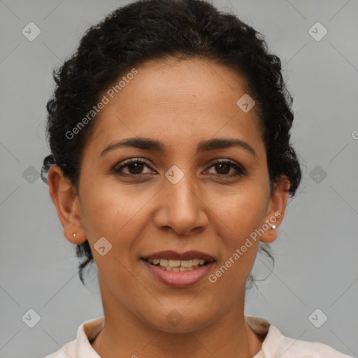 Joyful latino young-adult female with short  brown hair and brown eyes