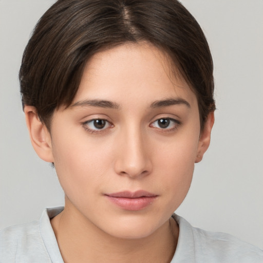 Neutral white young-adult female with medium  brown hair and brown eyes