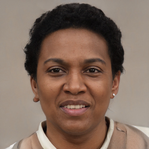 Joyful black young-adult female with short  black hair and brown eyes