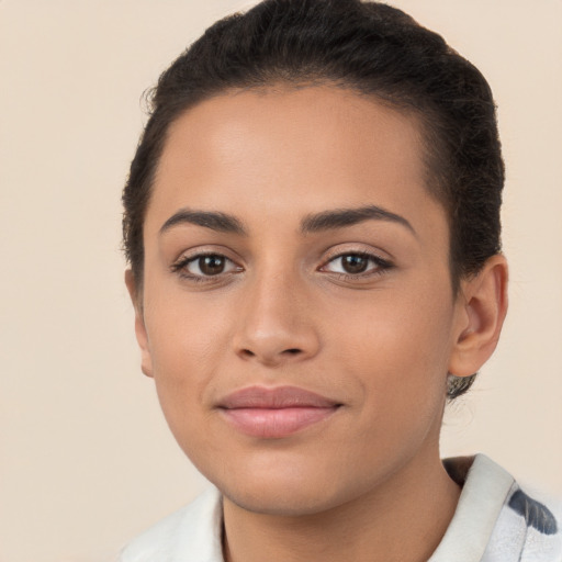 Joyful white young-adult female with short  brown hair and brown eyes