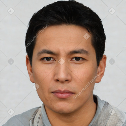 Neutral asian young-adult male with short  black hair and brown eyes