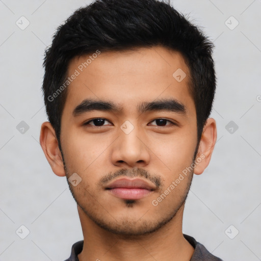 Neutral asian young-adult male with short  black hair and brown eyes