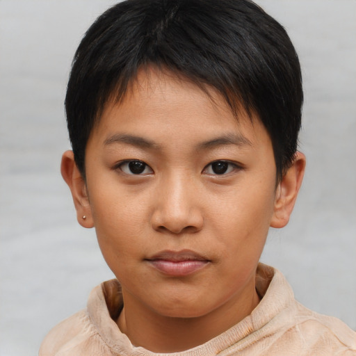 Neutral asian young-adult female with short  brown hair and brown eyes