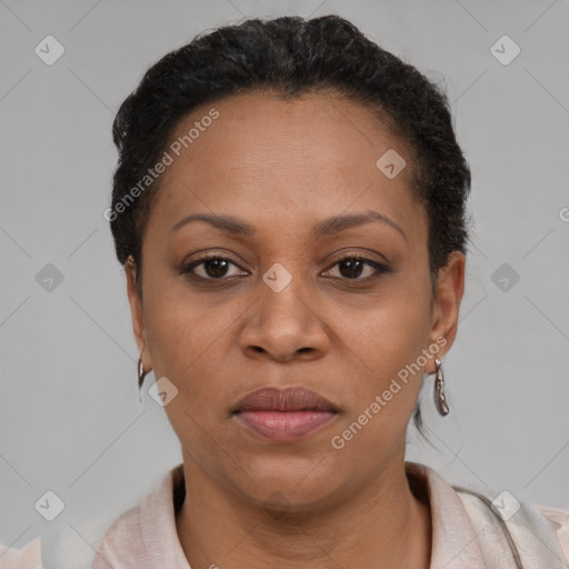 Joyful black adult female with short  brown hair and brown eyes