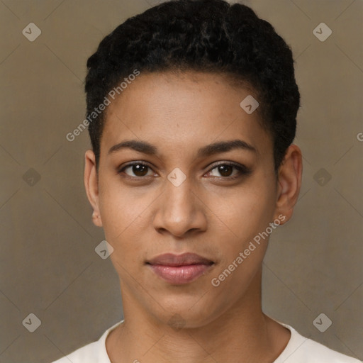 Joyful latino young-adult female with short  black hair and brown eyes