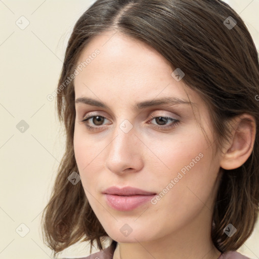 Neutral white young-adult female with medium  brown hair and grey eyes