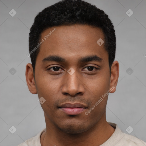 Neutral latino young-adult male with short  black hair and brown eyes