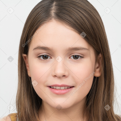 Joyful white child female with long  brown hair and brown eyes