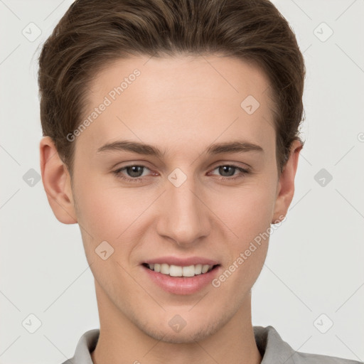 Joyful white young-adult female with short  brown hair and grey eyes