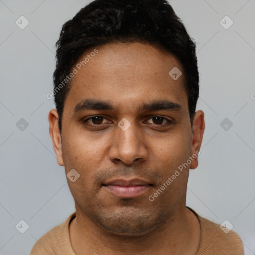 Neutral latino young-adult male with short  black hair and brown eyes