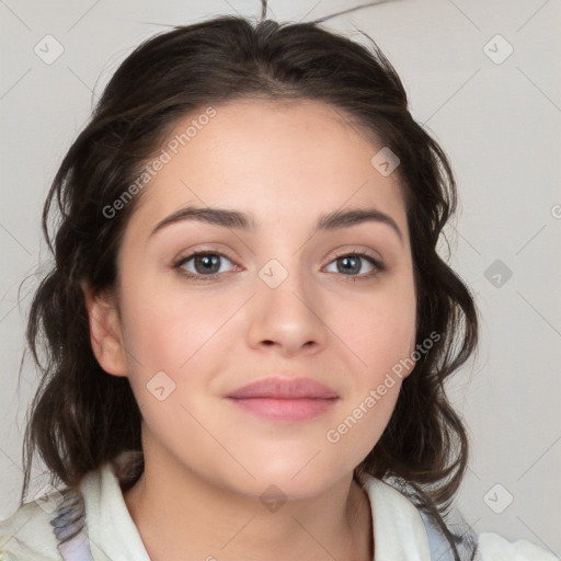 Neutral white young-adult female with medium  brown hair and brown eyes