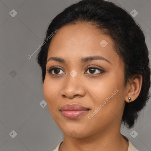 Joyful latino young-adult female with medium  black hair and brown eyes